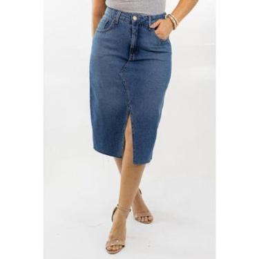 Imagem de Saia Jeans Midi Feminina Fenda Barra Desfiada Anticorpus-Feminino