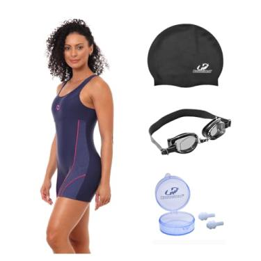 Imagem de Kit Macaquinho Natação Hidroginástica com Touca Óculos UV E Protetor (Marinho/Pink - Óculos Preto (Lente Fumê), GG)