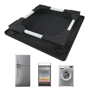 Imagem de Mini suporte de geladeira com bandeja coletora de silicone, base universal ajustável com 4 pés fortes, 59,9 cm x 59,9 cm, mini tapete de geladeira, adequado para lavadora, secadora, geladeira, preto
