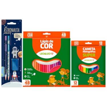 Imagem de Material Escolar Lápis de Cor 48 Cores + Canetinha 12 Cores + Kit Temático com Lápis Grafite Apontador e Borracha (Astronauta)