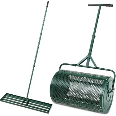 Imagem de Conjunto de cuidados de jardim de gramado de 2 peças, espalhador de composto de 24 polegadas e ancinho de nivelamento de gramado de 35 x 10 polegadas, espalhador de musgo de turfa, espalhado