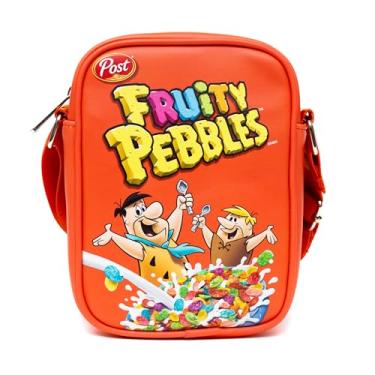 Imagem de Bolsa tiracolo transversal de couro vegano da Flintstones com alças ajustáveis, réplica de caixa de cereais Fred e Barney Frutity Pebbles, Vermelho, 8.0" x 6.0"