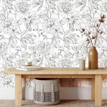 Imagem de Simon&Siff Papel de parede linear floral, 43,9 cm x 304,8 cm, papel de parede preto e branco, esboço de flores, papel de parede floral removível para quarto, banheiro, paredes, armários, prateleiras,