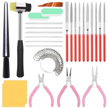 Imagem de Yauhar O conjunto de 27 ferramentas para joalheiros contém alicate de ponta de agulha/corrente, alicate de nariz redondo, cortador de arame, limas de agulha, medidor de tamanho de dedo, tamanho dos