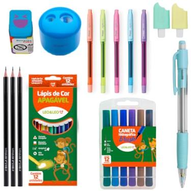 Imagem de Canetinha com Ponta Pincel + Lápis de Cor Apagável + Lapiseira + Marca Texto - Leo e Leo (Azul)