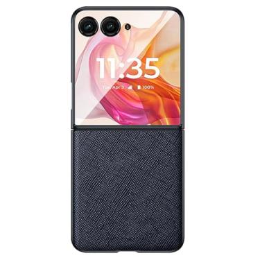 Imagem de LTLMYDAM Capa fina para Moto Razr 50Ultra/50, capa clássica de couro genuíno com textura cruzada estilo negócios, capa de proteção contra quedas, azul, 50