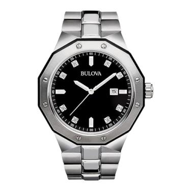 Imagem de Bulova Relógio masculino clássico de aço inoxidável com 3 ponteiros e mostrador preto estilo 98D103, Dois tons e preto, CASE 44MM, Pulseira de aço inoxidável em dois tons de quartzo