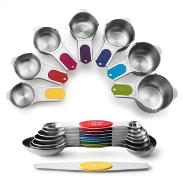 Imagem de Spring Chef Conjunto de 15 Copos e Colheres de Medição Magnética, Multicolor, com 7 Colheres e 7 Copos, Aço Inoxidável Resistente, Medidas Métricas e Americanas, Seguro para Lava-Louças