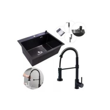 Imagem de Kit Cuba Pia Aço Inox Quadrada Cozinha E Torneira Flexivel - Brinovar