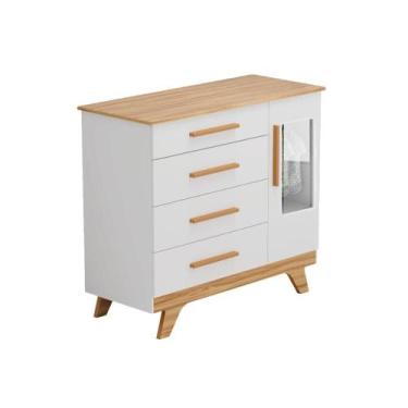 Imagem de Cômoda Infantil Retrô c/ 1 Porta Cristal e 4 Gavetas Branco/Carvalho -