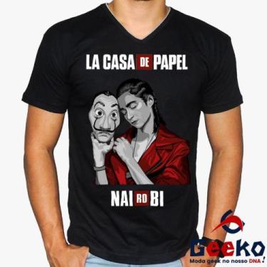 Imagem de Camiseta La Casa de Papel 100% Algodão Nairobi Geeko, Preto gola v, P