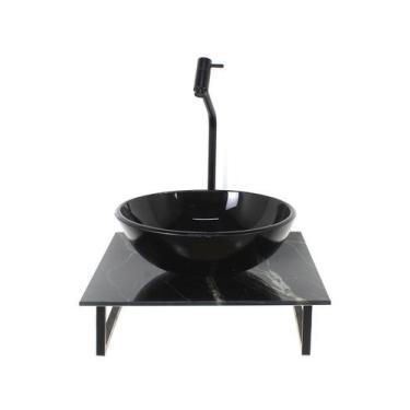 Imagem de Kit cuba de vidro redonda 10mm com tampo de vidro 40cm x 40cm mármore 