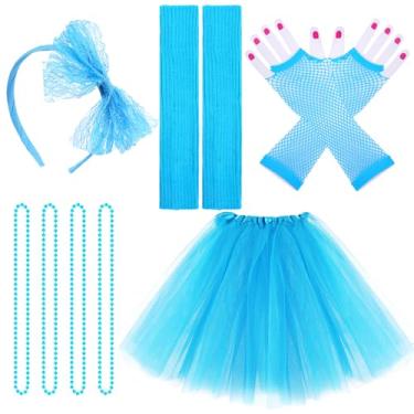 Imagem de jiebor Acessórios de fantasia dos anos 80 para mulheres, saia tutu, faixa de cabeça, polainas arrastão e luvas, colar, festa de Halloween, Azul, One Size