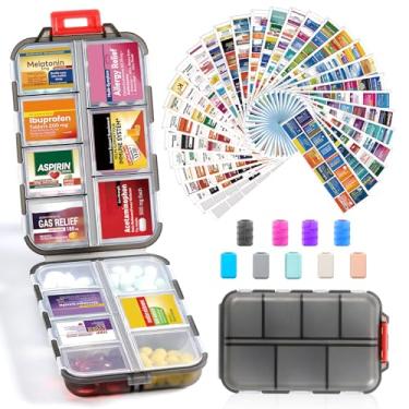 Imagem de Caixa organizadora de comprimidos de viagem de 14 grades com 415 etiquetas de nome de medicamentos - Kit de recipiente de bolso diário de farmácia - Suporte de medicamentos de viagem para