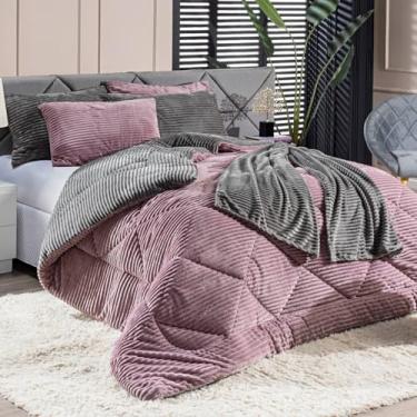 Imagem de Kit Coberdrom Edredom Canelado SOLTEIRO 02 Peças Dupla Face Denver com Fronha - Cobertor Manta Mantinha Microfibra Canelada Listrada Quente Grosso Macio (Rosê)