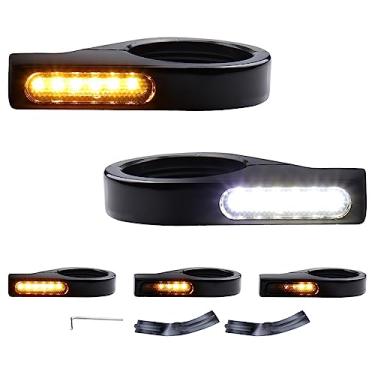 Imagem de MotoParAcc Switchback sequencial garfo dianteiro LED sequencial luzes de seta com kit de realocação, luzes de corrida de motocicleta para garfo de montagem frontal de 39-41 mm Harley Sportster 883 1200 Dyna Touring Road King 1986-2013
