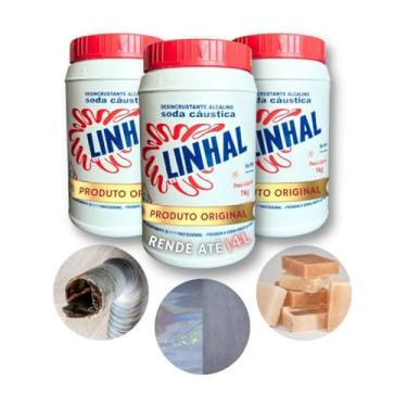 Imagem de Kit com 3x Soda Cáustica Pura 99% 1kg Linhal | Desentope Limpeza Extra Forte e Economia para Produção de Sabão