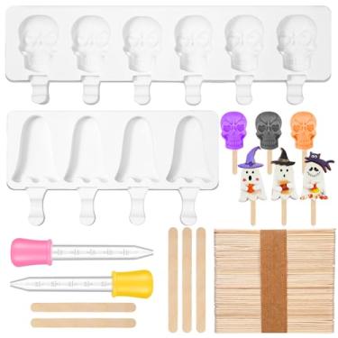 Imagem de FillTouch Pacote com 2 moldes de silicone para sorvete de Halloween, kits de moldes caseiros de silicone com caveira fantasma com 50 palitos de madeira e 2 conta-gotas, palitos artesanais para assar e