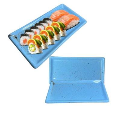 Imagem de 10 Pratos Servir Sushi Oriental Porcelana Retangular Azul - Prattos
