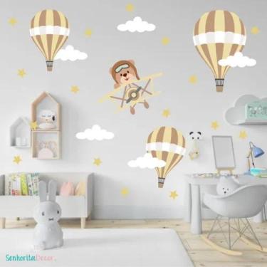 Imagem de Adesivo De Parede Urso Aviador Balões Tons Pastéis - pinkie