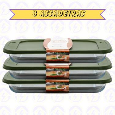 Imagem de 3 Travessa Vidro Temperado Retangular 2,2L c/ Tampa Fricassê Sobremesa