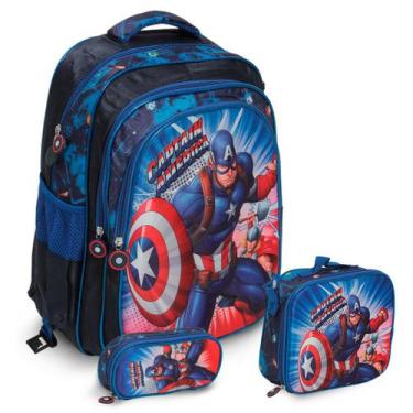 Imagem de Kit Mochila Infantil Escolar Capitão América Costas 3 Pçs - Plike