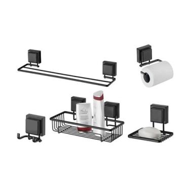 Imagem de kit banheiro preto fosco ventosa 05 peças Future porta toalha duplo, c