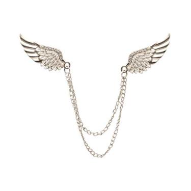 Imagem de Alfinete de lapela masculino KINGPiiN com detalhes de pedra dupla asa de anjo borla corrente broche de terno, acessórios masculinos para camisa (prata), Liga metálica