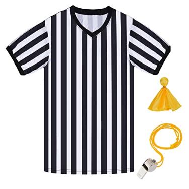 Imagem de obmwang Camisa de árbitro para mulheres e homens, camiseta listrada preta e branca árbitro com decote em V uniforme de referência apito de aço inoxidável com cordão bandeira amarela de penalidade para basquete, futebol e dia das bruxas, Preto e branco, Medium