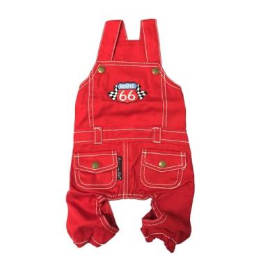 Imagem de Parisian Pet Macacão de brim – Macacão vermelho bordado 'Route 66' – Fantasia respirável – Roupa lavável na máquina – Macacão para cães grandes – G