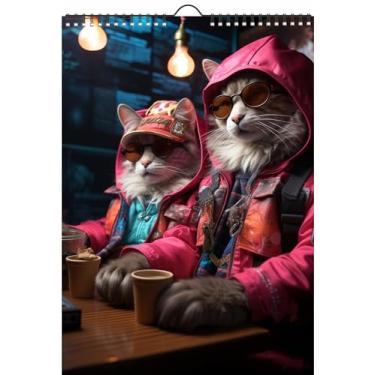 Imagem de Calendário de parede grande 2025 engraçado Gangster Cats at Bars Together Cyberpunk Vintage Book Illustration Poster ~ 12 páginas 30,5 x 43,2 cm