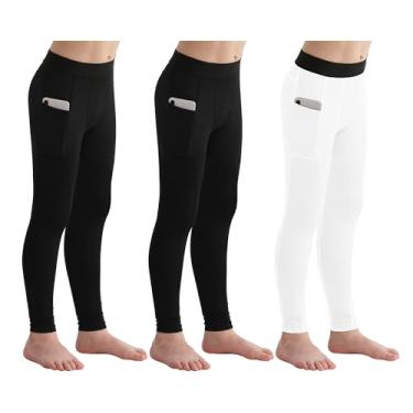Imagem de Blaward Pacote com 3 leggings de compressão para meninos e jovens calças atléticas de basquete camada base de treino com bolsos laterais, 2 pretos + 1 branco, 10-11 anos