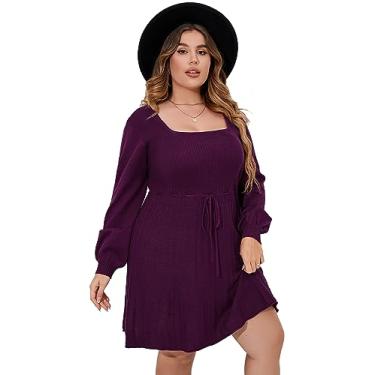 Imagem de ShopWonder Vestido suéter plus size feminino plus size A Line Wrap Sweater Dress em vestido suéter plus size outono, Roxo escuro com cinto, 3G