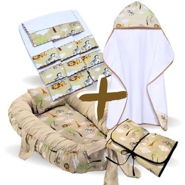 Imagem de Kit Completo Bebê – Toalha de Banho Forrada, Ninho Redutor de Berço, 6 Toalhas de Ombro e Trocador Portátil (Safari Cáqui)