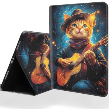 Imagem de DSRGRGFDJ Capa para tablet para iPad 9ª/8ª/7ª geração, 10,2 polegadas com função magnética automática despertar/hibernar e suporte ajustável em vários ângulos – Gato tocando guitarra