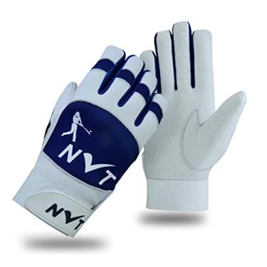 Imagem de NVT (1 par) Luvas de beisebol premium para jogadores profissionais, luvas masculinas com aderência estável e forte, couro durável 100% genuíno na palma da mão, branco com patch de cor azul e listras masculinas (tamanho G grande).