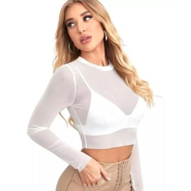 Imagem de Cropped Blusa Feminina Tule Transparente Manga Longa Balada - RV MODAS