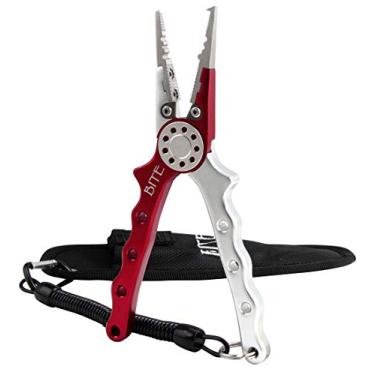 Imagem de Alicate de pesca profissional Bite Fishing TACKLE para água salgada/água doce, cortadores de linha de pesca removedor de gancho com bainha e cordão vermelho prata