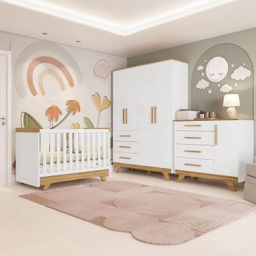 Imagem de Conjunto de Quarto Infantil com Berço Retrô Guarda Roupa e Cômoda Lisa MDF Móveis Peroba