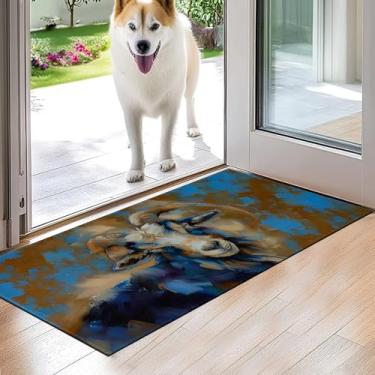 Imagem de VODRM Tapete de porta interior de cabra colorido, tapete de chão de animal artístico, 43 x 75 cm, tapete de mosaico antiderrapante de borracha antiderrapante para varanda, quarto, cozinha, capachos,