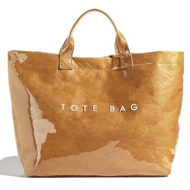 Imagem de LIERWOI Sacola de PVC feminina de papel kraft grande, bolsa de papel moderna, com estampa de letras, alça superior, Marrom, One Size