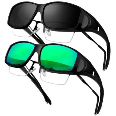 Imagem de KANASTAL Óculos de Sol Masculino Feminino Polarizado Sobrepor Verde Espelhado Escuro 2 Pares sobre Oculos Proteção UV Retangular Envolventes Sunglasses over Glasses -Espelhado Verde + Preto