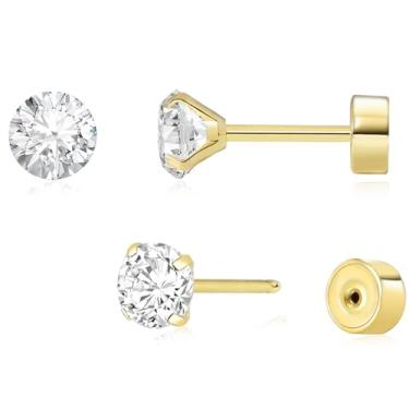 Imagem de Brincos de costas planas sem fio, hipoalergênicos banhados a ouro real 14K CZ | Brinco de cartilagem | Joias Tragus Helix Piercing | Brincos de pressão plana para mulheres, homens e meninas, 7