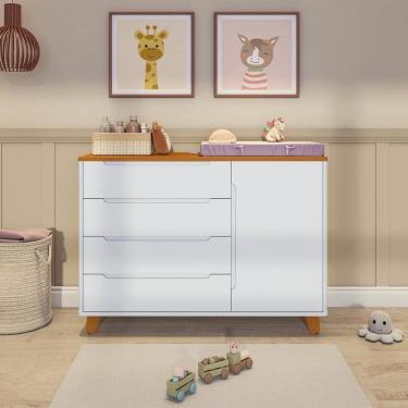 Imagem de Cômoda 4 Gavetas 1 Porta com Tampo em Madeira Maciça Baby Tubbi Casatema Branco/Caramelo