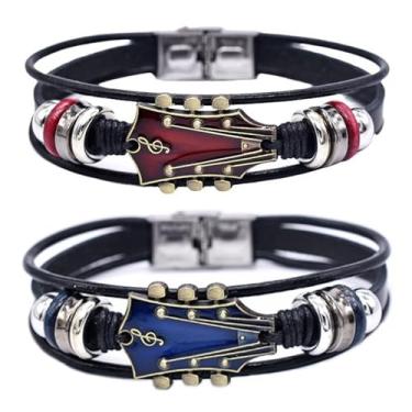 Imagem de Pulseira retrô de couro sintético, pulseira de couro de guitarra rock, liga de zinco, punk, trançada, multicamadas, forma de guitarra, decorativa, presente para entusiastas musicais, 20.5cm, Zinco