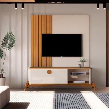 Imagem de Painel Boto Ripado + Bancada Buriti 1.4 Curva com Pés e Puxadores em Madeira Maciça OffWhite/Marrom