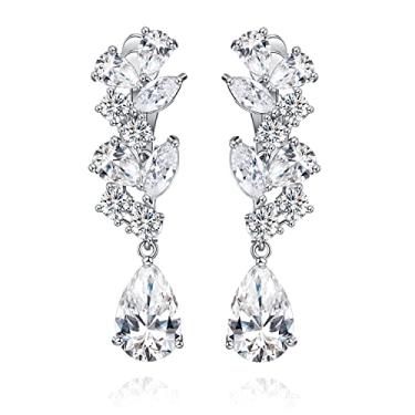 Imagem de Roslynd Brincos de pressão para mulheres/noivas, presentes para o dia das mães, brincos de zircônia cúbica em gota e brincos de zircônia cúbica banhados a ouro branco 14k para mulheres, Latão branco