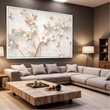 Imagem de Quadro Decorativo com Moldura Sala 90x60 Flora Branco Luxo Grande Horizontal