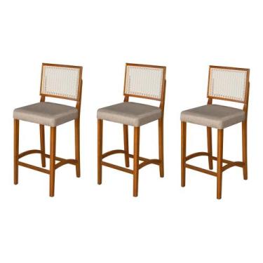 Imagem de Kit 3 Banquetas Altas Pés Em Madeira Maciça Com Encosto em Rattan e As