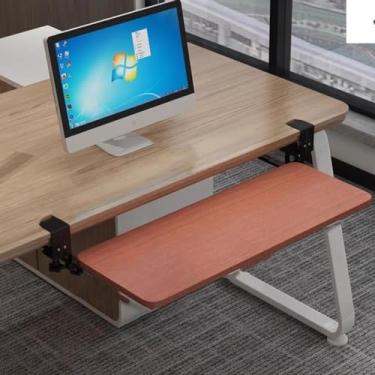 Imagem de Braçadeira de bandeja de teclado na bandeja de teclado e mouse, gaveta de computador de plataforma deslizante para digitação, suporte de teclado ajustável perfeito para mesa de escritório (cor: teca